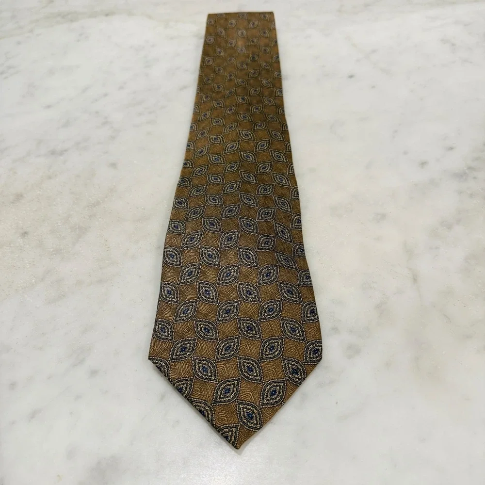 Roundtree & Yorke Silk Necktie Handmade Leaf Pattern Brown Blue‎